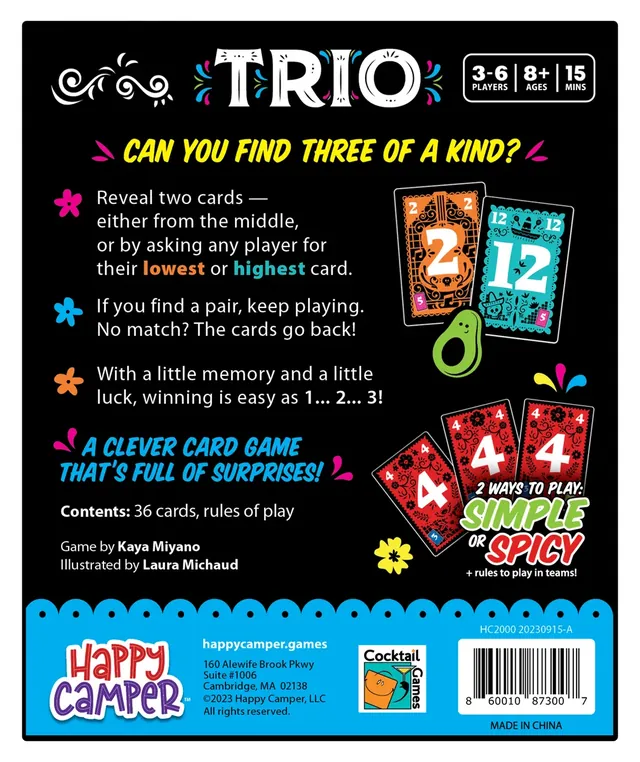 The back of the Trio box, with a short rules summary under the line 'Can you find three of a kind?'