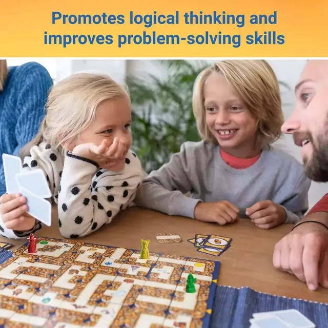 Two children playing Labyrinth at a table, one moving a pawn
