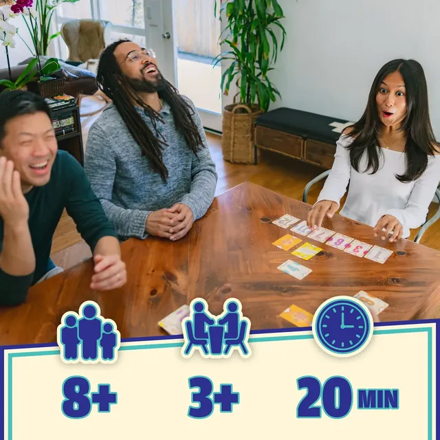 Three friends at a table laughing as a Flip 7 card is turned over, with icons for ages 8+, 3+ players and 20 minutes