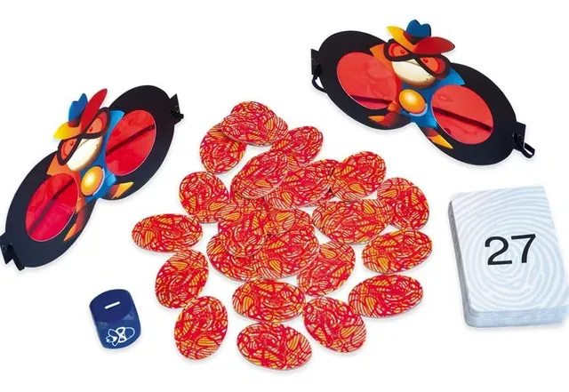 The Super Math Spy parts: decoder glasses, red fingerprint number tokens, a wooden die and a mission card showing 27