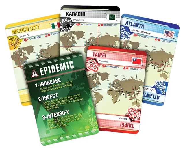 City cards and an Epidemic card fanned out