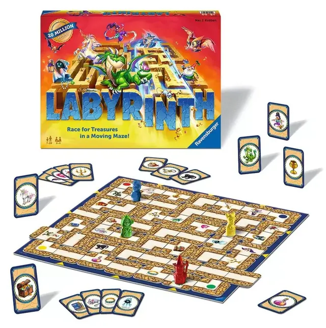 The Labyrinth board with path tiles, treasure cards and four pawns laid out around it